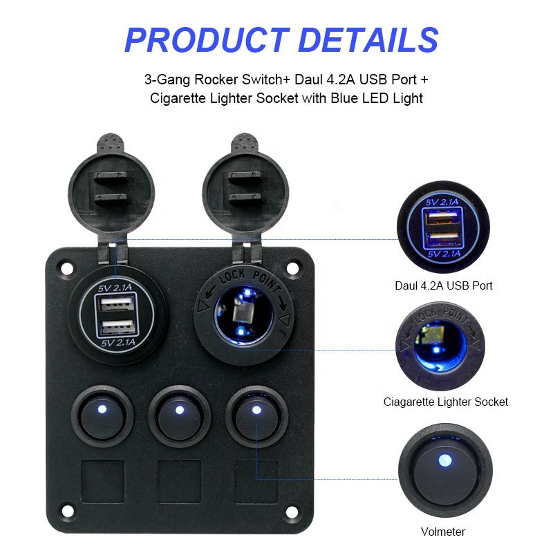 12V 24V 4.2A Usbt Led Light Push Button Toggle 3 Gang Electrical Car Rocker Waterproof Boat Marine Control Switch Panel Socket