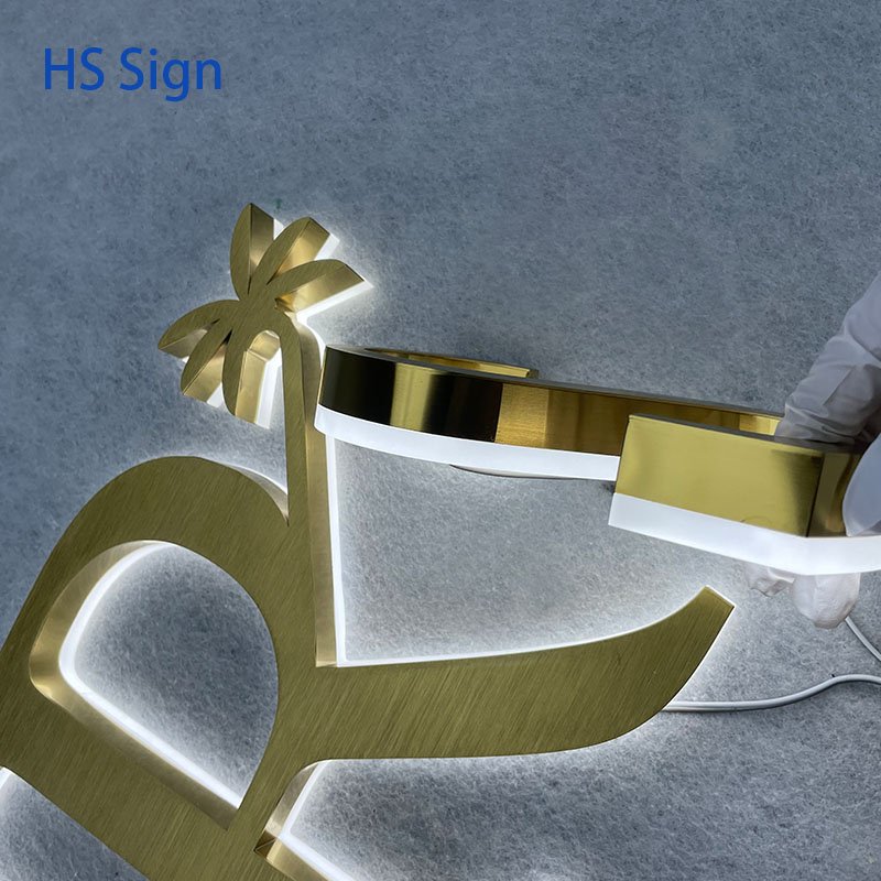 HS Custom Titanium Gold Plating Led Backlit Letter Company Office logo Outdoor Shop 3D Stainless Steel Metal Letter Signs