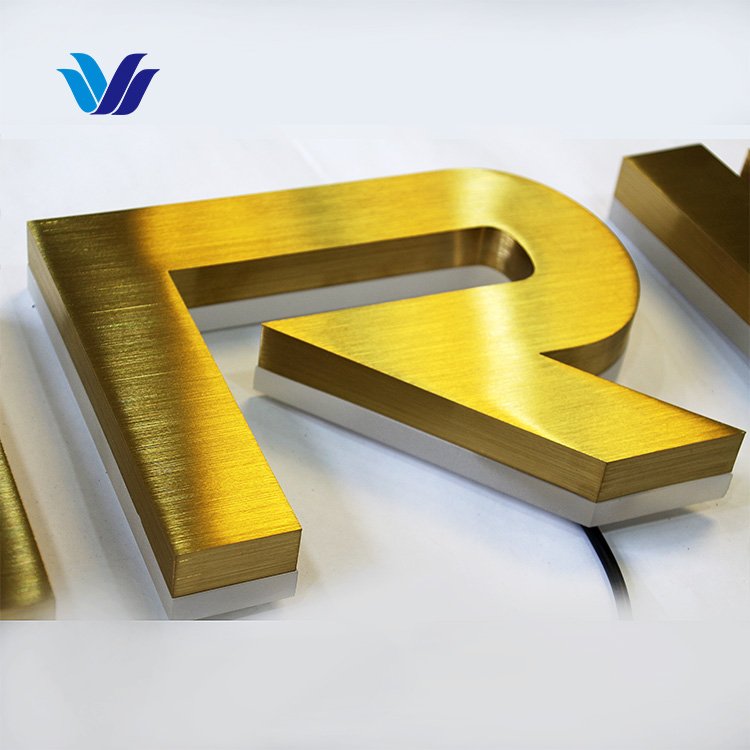 HS Custom Titanium Gold Plating Led Backlit Letter Company Office logo Outdoor Shop 3D Stainless Steel Metal Letter Signs