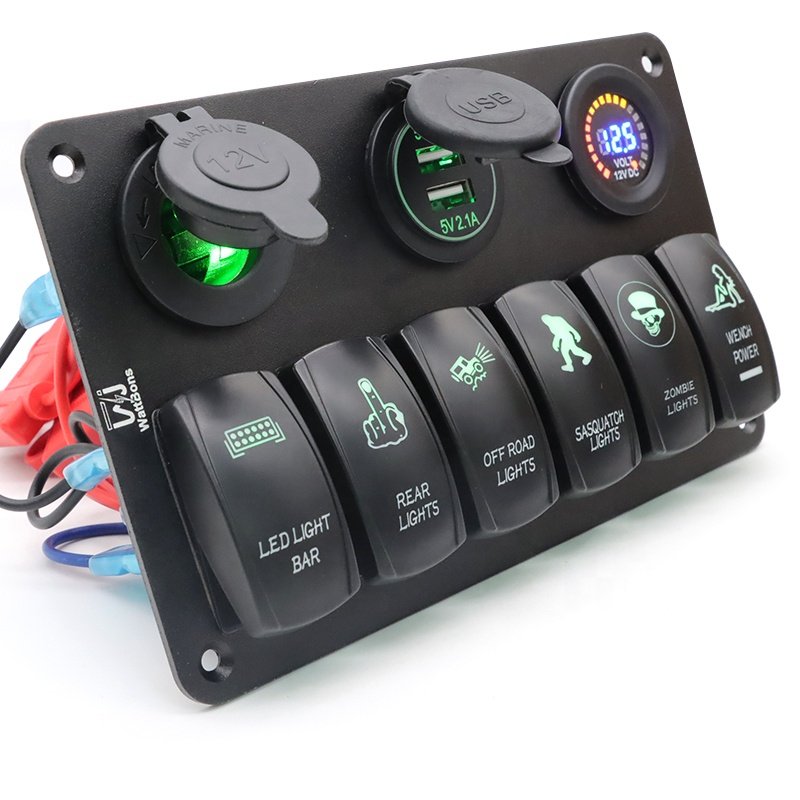 6 Gang Switch Board Boat 12V Cigarette Lighter Dual USB Charger Digital Voltmeter Marine Rocker Toggle Switch Panel Waterproof