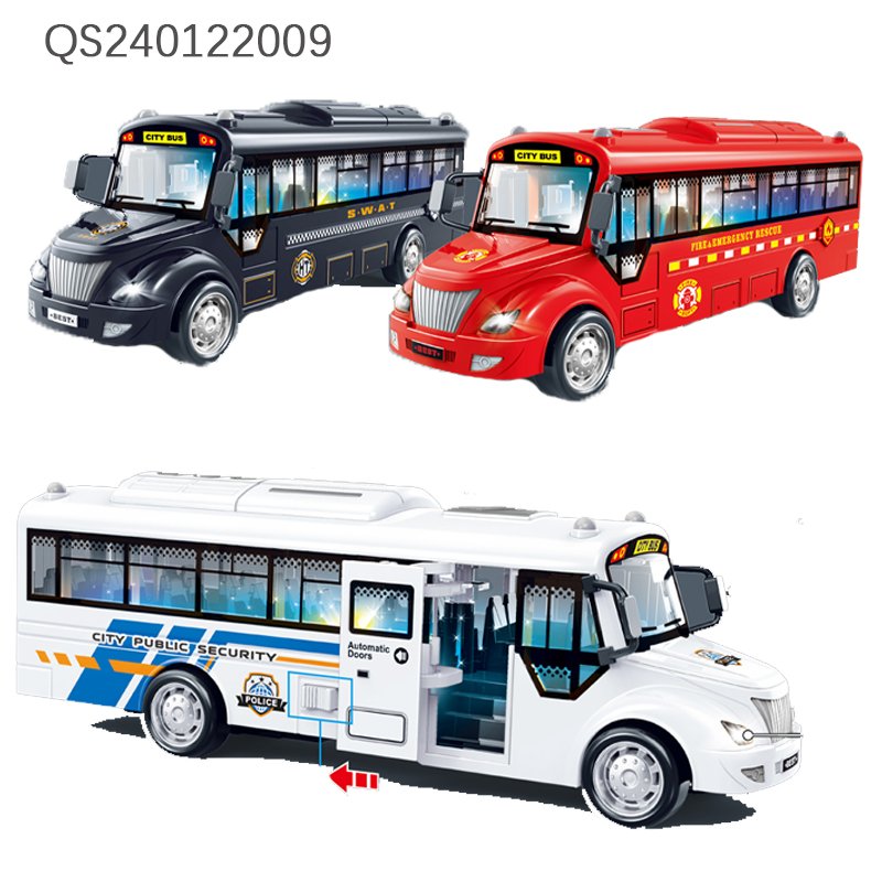 QS High Quality Kids City Bus Model Car Toys Multi Style Friction Power Opening Door Simulation Vehicle Toys With Sound Light