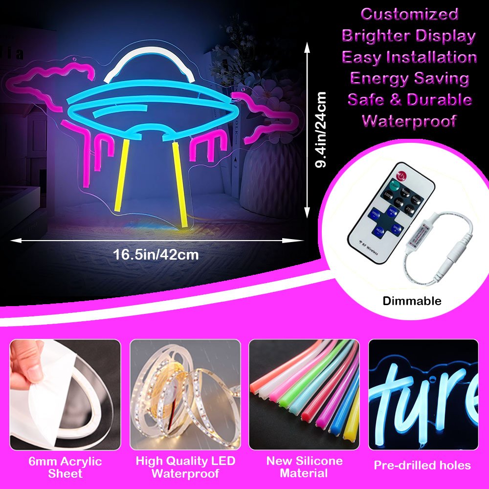 Custom UFO Neon Sign Lighting up Sign for Bedroom Kids Space Game Room UFO Lovers Dimmable Spaceship LED Neon Lights