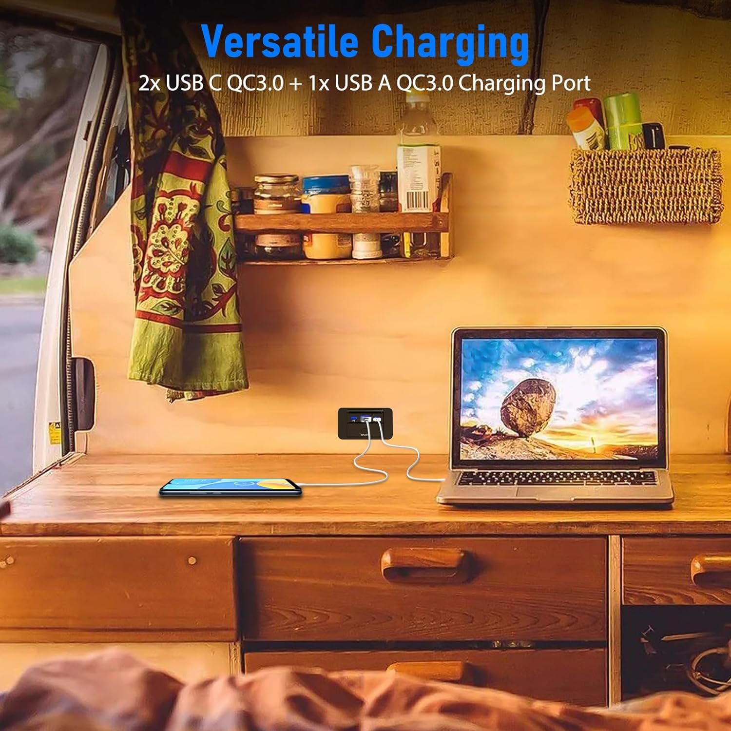 RV USB Outlet 60W PD3.0 USB-C and 18W QC3.0 Car USB Port with Button Power Switch for Boat Marine ATV Motorcycle Truck