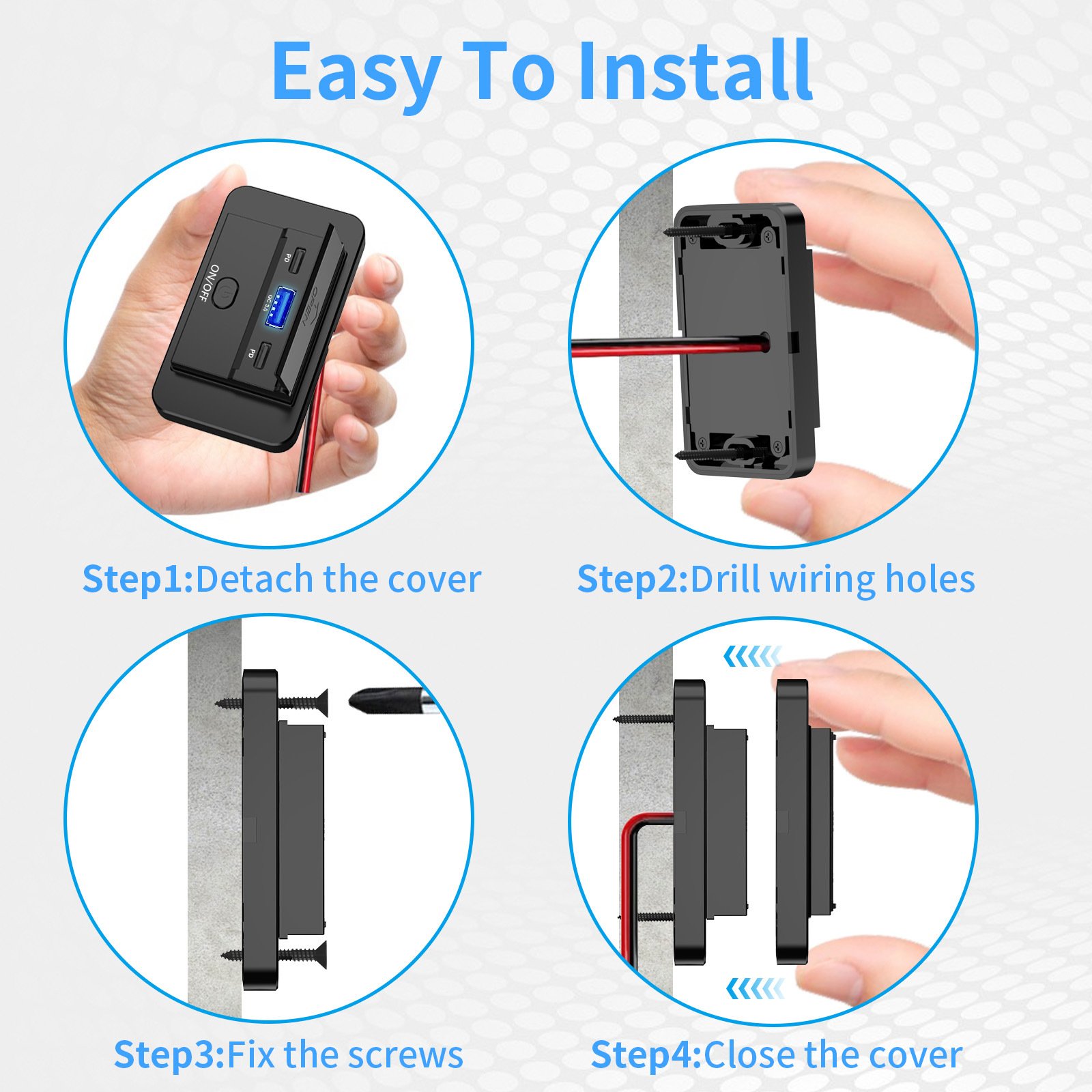 RV USB Outlet 60W PD3.0 USB-C and 18W QC3.0 Car USB Port with Button Power Switch for Boat Marine ATV Motorcycle Truck