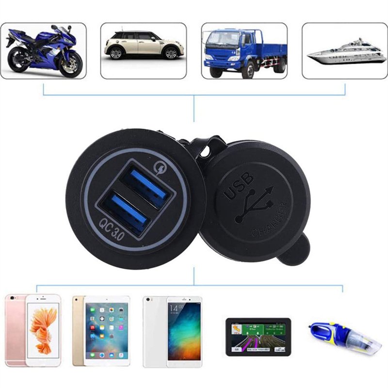Dual QC3.0 USB Ports Car Charger for ATV TUV Boat Mobile Phone Charger for Motorcycle Smart Phone Charger