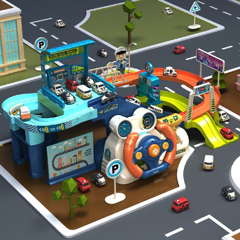 Kid DIY Assemble Multifunction Urban Rail Transit Steering Wheel Toys Car Driving Simulation Car Track City Slot Parking Lot Toy