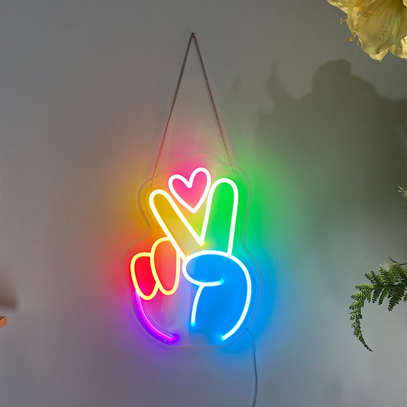 Colourful Peace Hand Neon Sign Finger Peace Sign Wall Sign Victory Gesture Neon Light for Kids Bedroom Party Holiday Decor