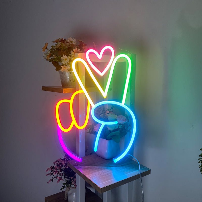 Colourful Peace Hand Neon Sign Finger Peace Sign Wall Sign Victory Gesture Neon Light for Kids Bedroom Party Holiday Decor