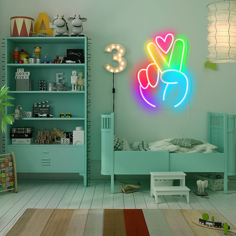 Colourful Peace Hand Neon Sign Finger Peace Sign Wall Sign Victory Gesture Neon Light for Kids Bedroom Party Holiday Decor