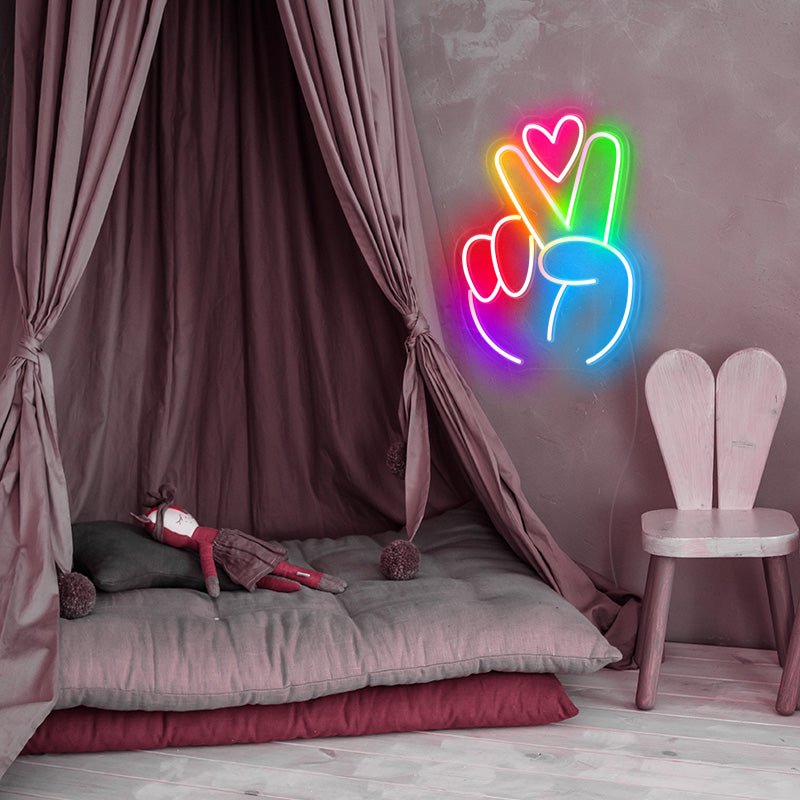 Colourful Peace Hand Neon Sign Finger Peace Sign Wall Sign Victory Gesture Neon Light for Kids Bedroom Party Holiday Decor