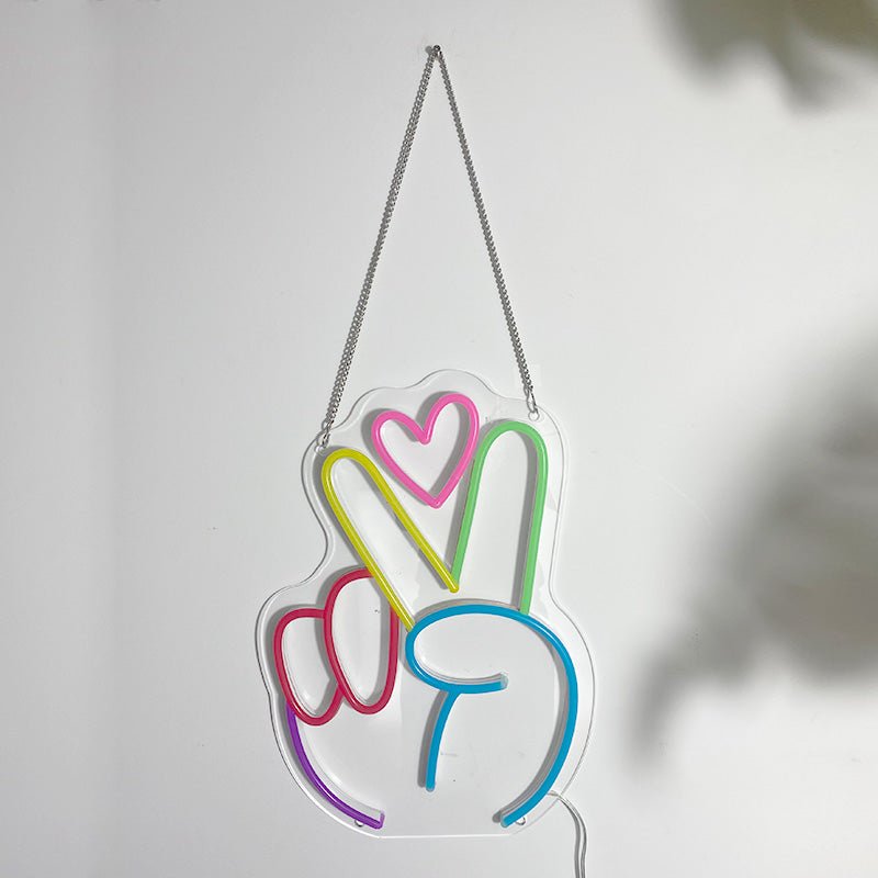 Colourful Peace Hand Neon Sign Finger Peace Sign Wall Sign Victory Gesture Neon Light for Kids Bedroom Party Holiday Decor