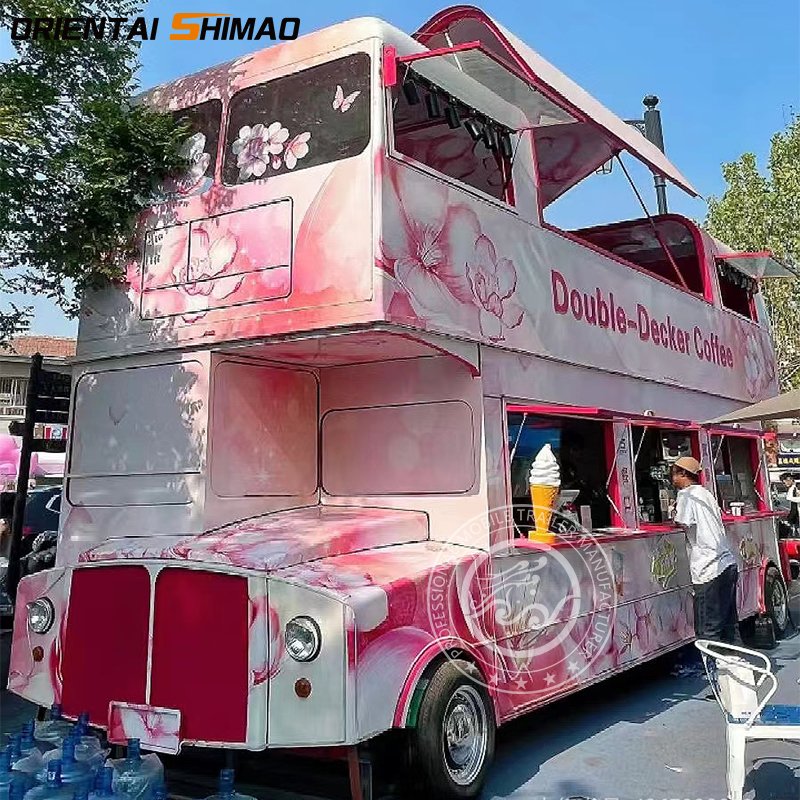 Customized Ice Cream Vending Cart Mobile Kitchen Food Trailer Double Decker Dining Food Bus