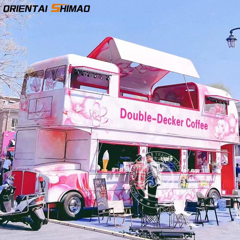 Customized Ice Cream Vending Cart Mobile Kitchen Food Trailer Double Decker Dining Food Bus