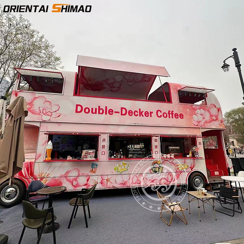 Customized Ice Cream Vending Cart Mobile Kitchen Food Trailer Double Decker Dining Food Bus
