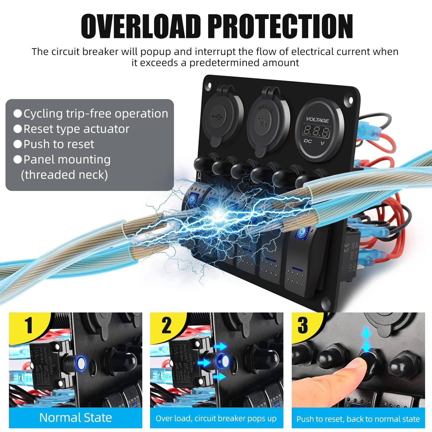 5 Gang Marine Rocker Switch Panel Boat Dual USB Socket Voltmeter Overload Protection 12V 24V Car Waterproof Touch Switch Panel
