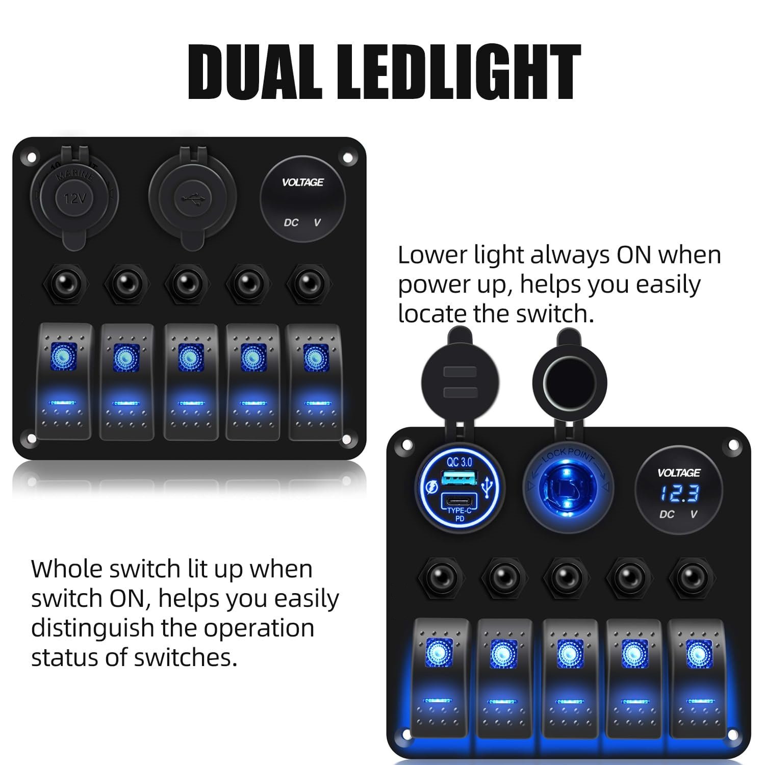 5 Gang Marine Rocker Switch Panel Boat Dual USB Socket Voltmeter Overload Protection 12V 24V Car Waterproof Touch Switch Panel