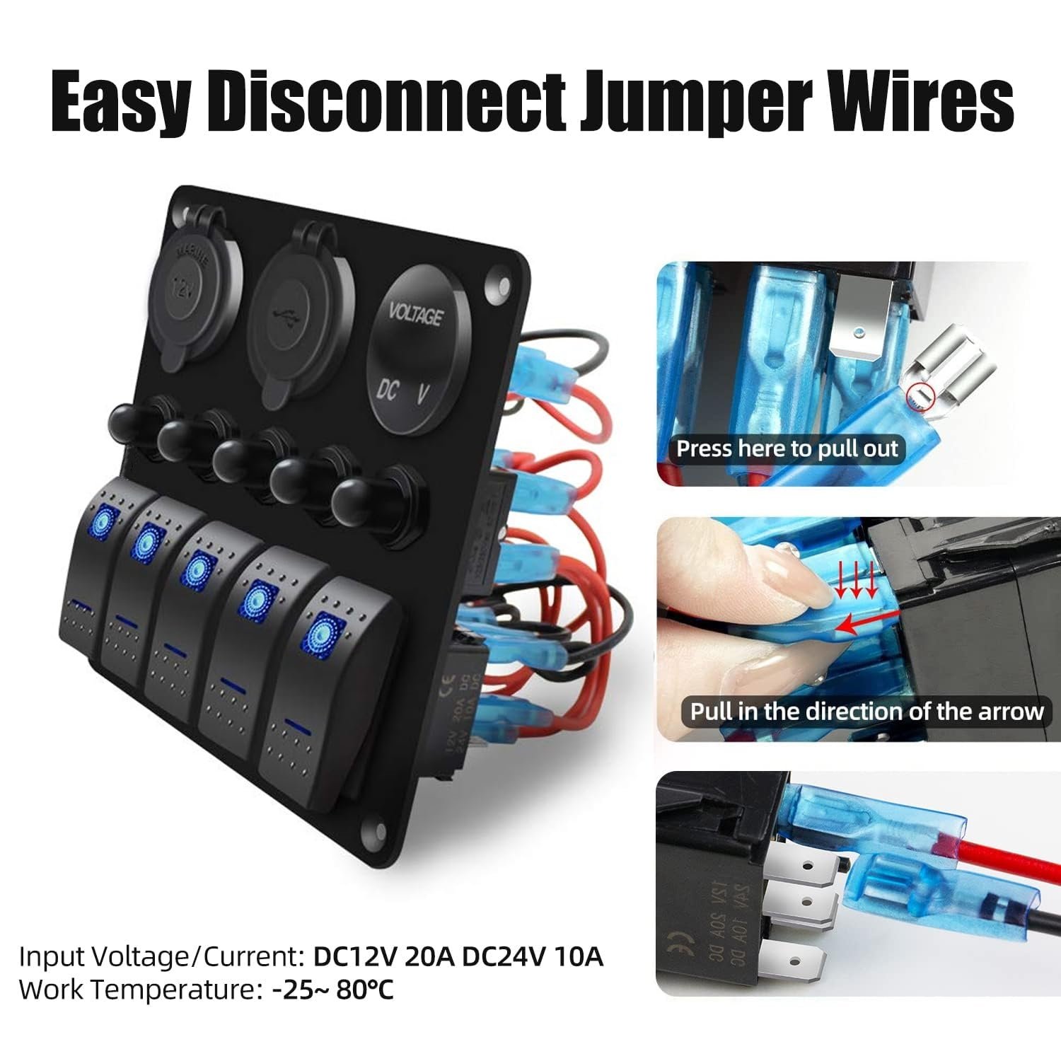 5 Gang Marine Rocker Switch Panel Boat Dual USB Socket Voltmeter Overload Protection 12V 24V Car Waterproof Touch Switch Panel