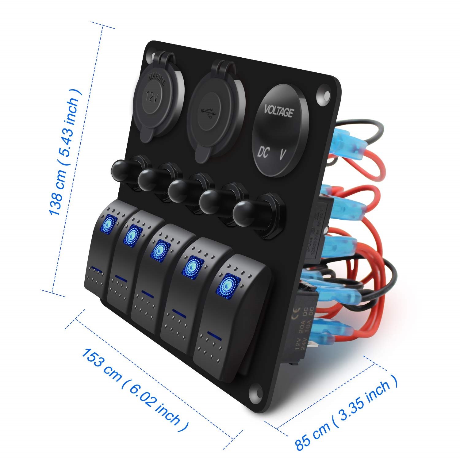 5 Gang Marine Rocker Switch Panel Boat Dual USB Socket Voltmeter Overload Protection 12V 24V Car Waterproof Touch Switch Panel