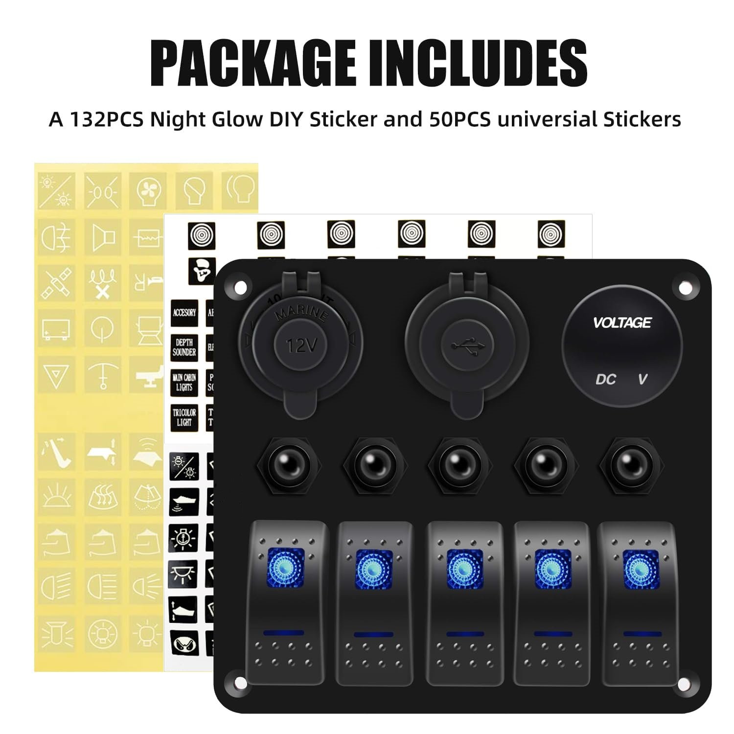 5 Gang Marine Rocker Switch Panel Boat Dual USB Socket Voltmeter Overload Protection 12V 24V Car Waterproof Touch Switch Panel