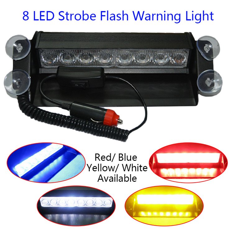 Red/Blue 8LED Strobe Lights Dual Colors Leds Suction Cup Car Warning Lamp DC 12V