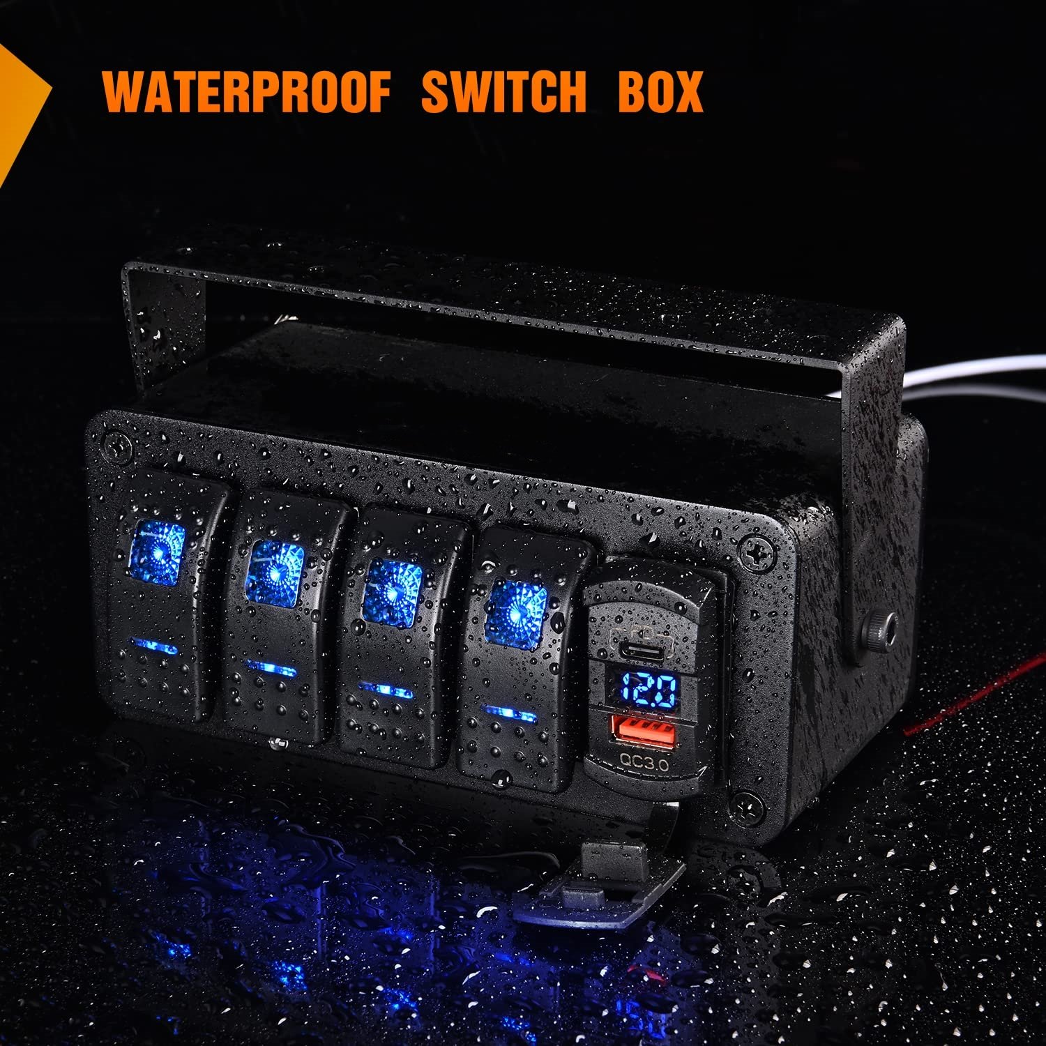 4 Gang Rocker Switch Box 12V Car PD Type C USB Port Socket Voltmeter RV Truck Boat Waterproof Rocker Switch Panel with Sticker