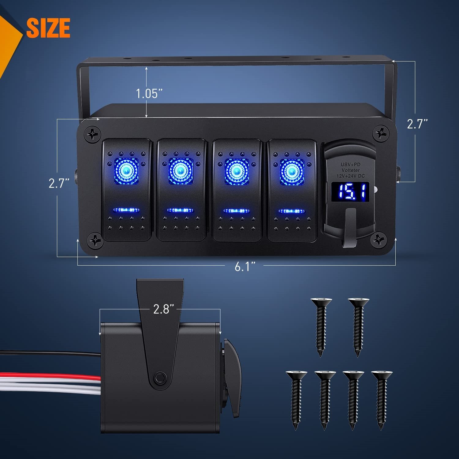 4 Gang Rocker Switch Box 12V Car PD Type C USB Port Socket Voltmeter RV Truck Boat Waterproof Rocker Switch Panel with Sticker