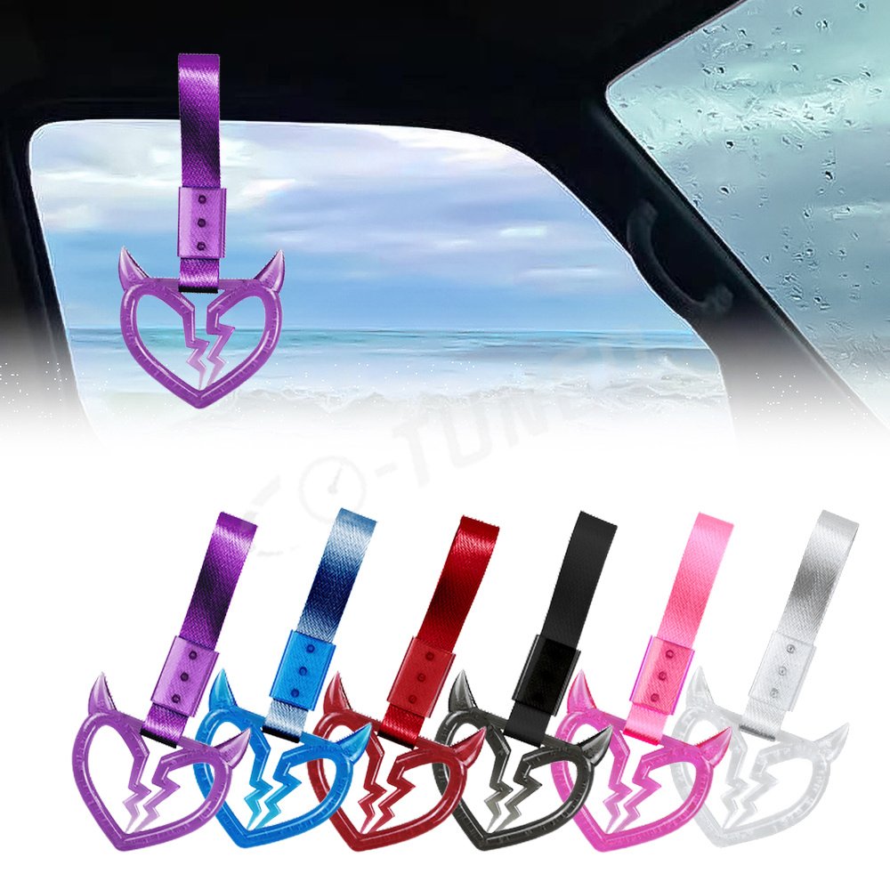 Car Interior Crystal Bubble Devil Broken Heart Shaped Tsurikawa Handle Ring Drift Charm Rear Bumper Nylon Strap Warning Ring