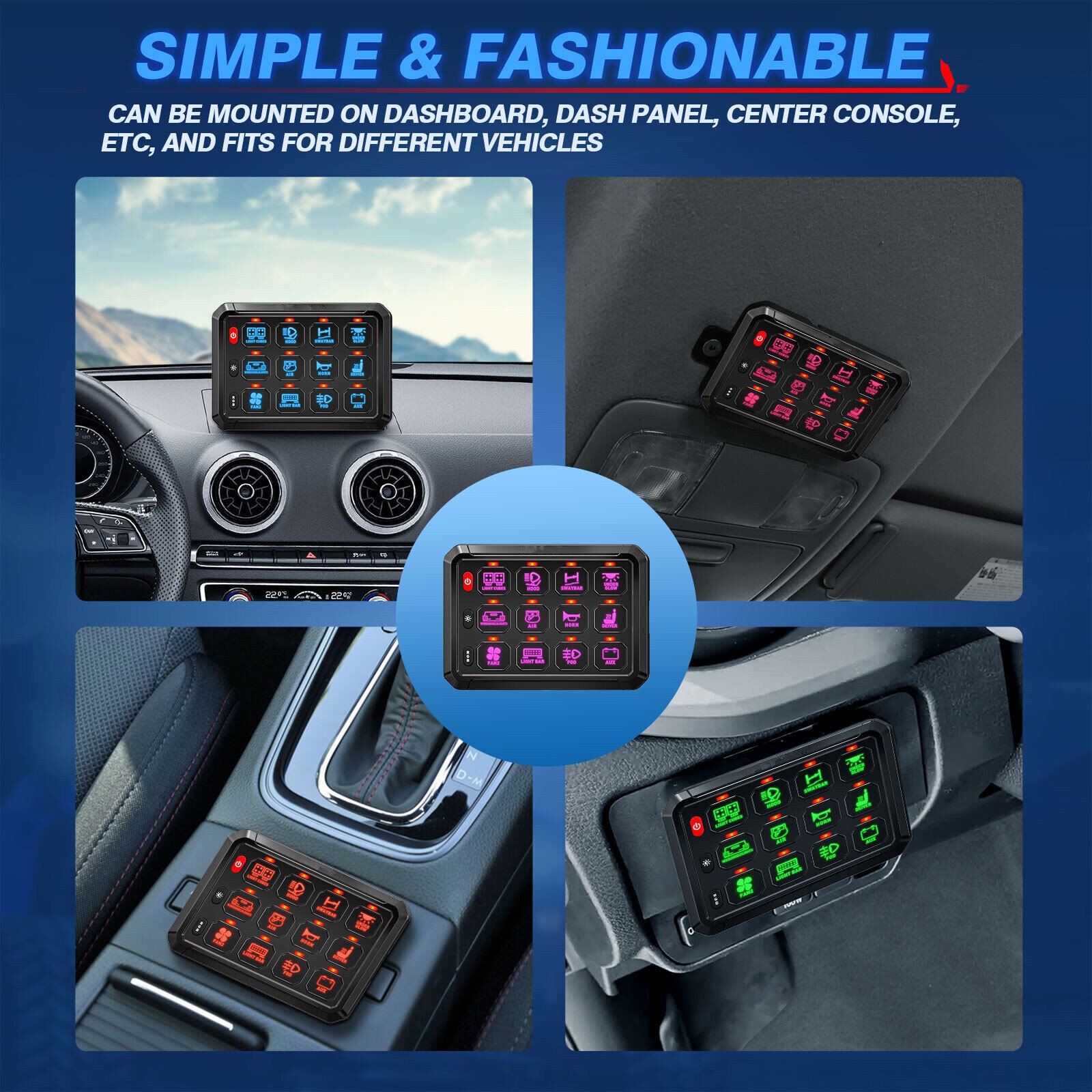 RGB 12 Gang Switch Panel LED Light Bar Relay System Marine 12V 24V Control Box Car Bus