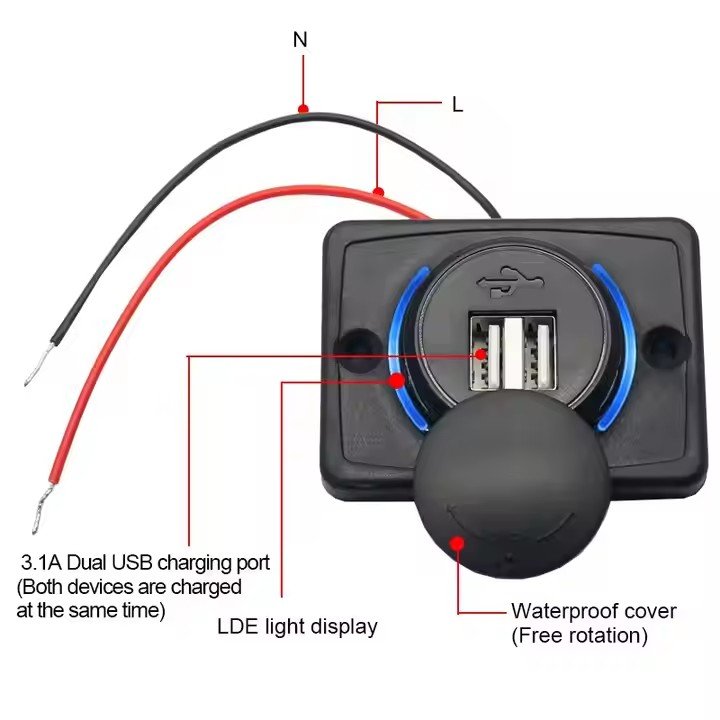 12V Waterproof Panel Mount USB Charger Socket with Dual 5V 3.1A Ports for Car, Boat, Bus, Marine & Outdoor Use