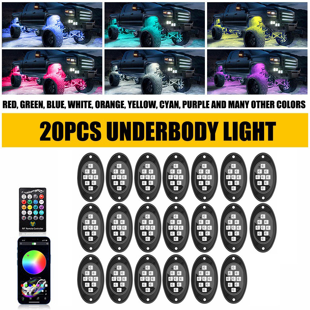 Auxito RGB LED Rock Lights Kit 20 Pods Underglow Multicolor With Bluetooth App Control Flashing for Truck ATV UTV RZR SUV
