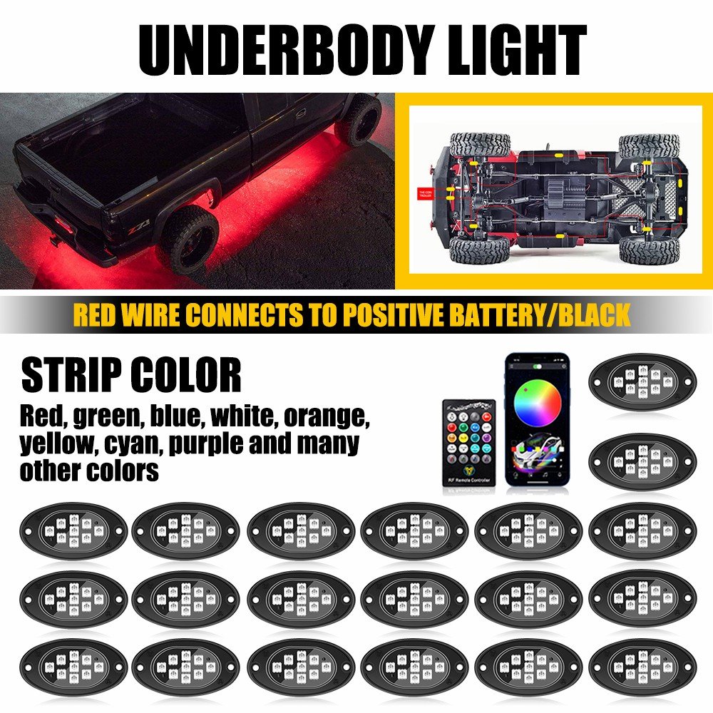 Auxito RGB LED Rock Lights Kit 20 Pods Underglow Multicolor With Bluetooth App Control Flashing for Truck ATV UTV RZR SUV