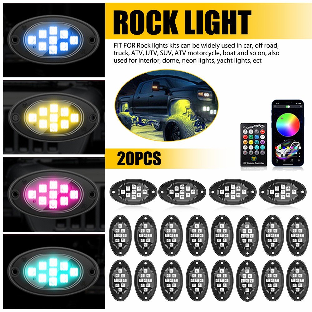 Auxito RGB LED Rock Lights Kit 20 Pods Underglow Multicolor With Bluetooth App Control Flashing for Truck ATV UTV RZR SUV