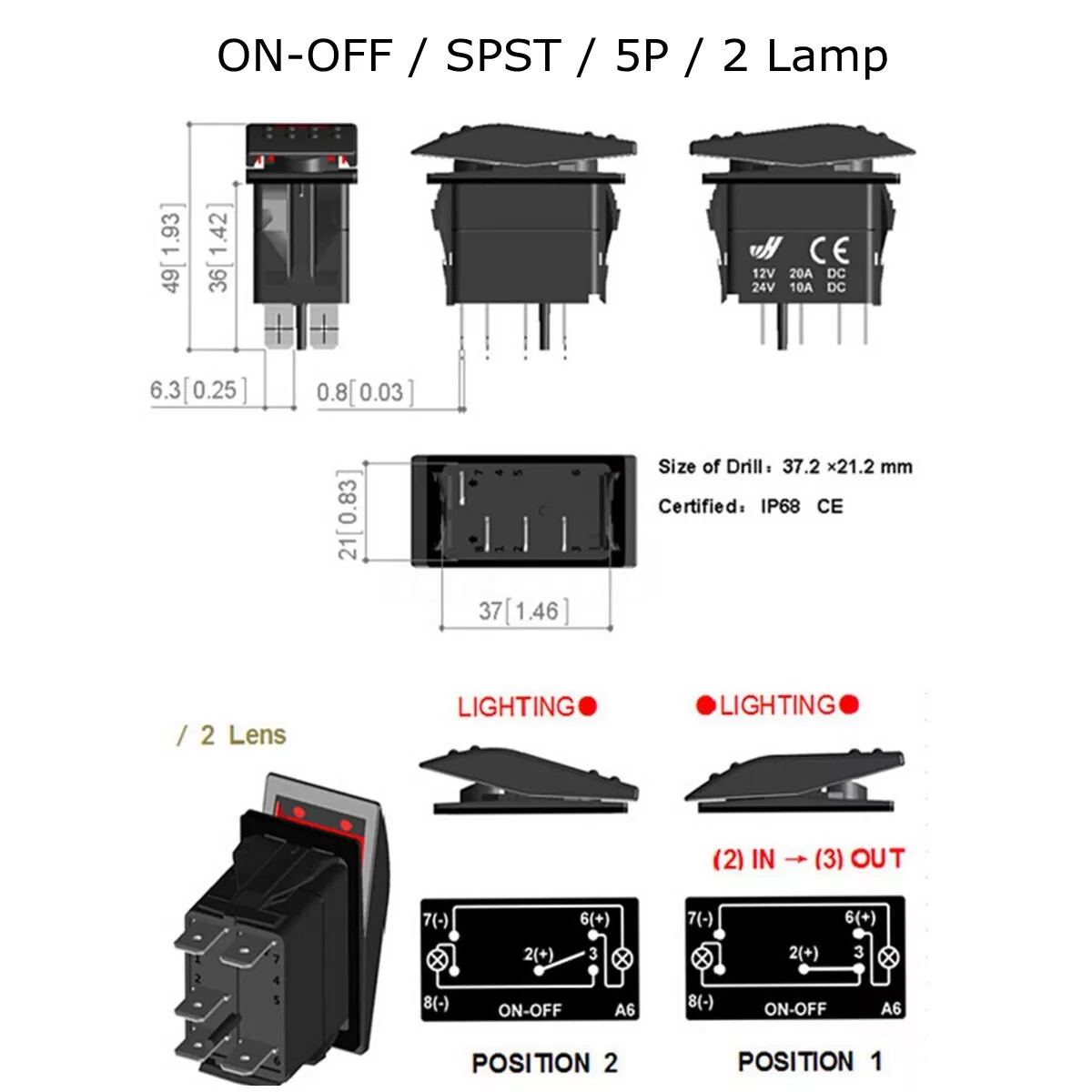 ARB Carling Style Engine Fan Rocker Switch 12V 20A/24V 10A Marine Boat Car Waterproof 2 Position on OFF Fog Light Rocker Switch