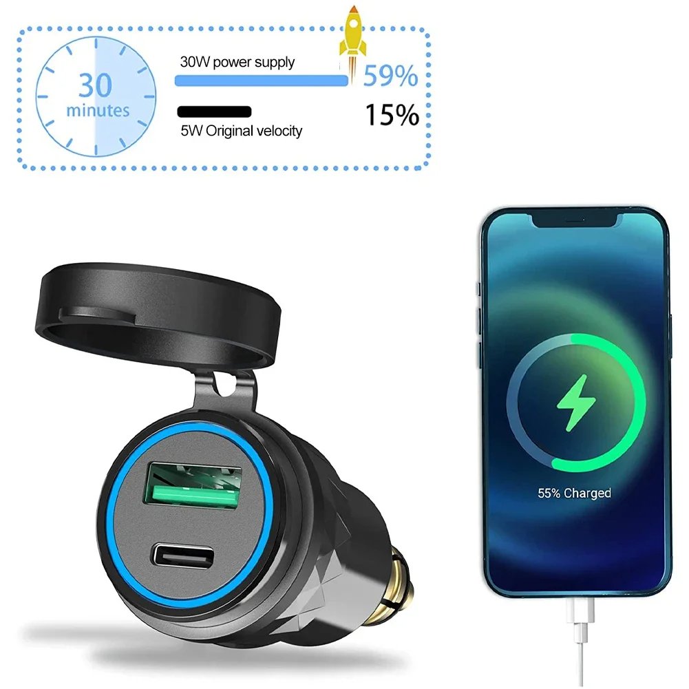 Car Aluminium USB QC 3.0 Quick Charger 30W PD Dual Adapter Mobile Phone Charger Waterproof Socket Motorcycles for DIN Socket/BMW