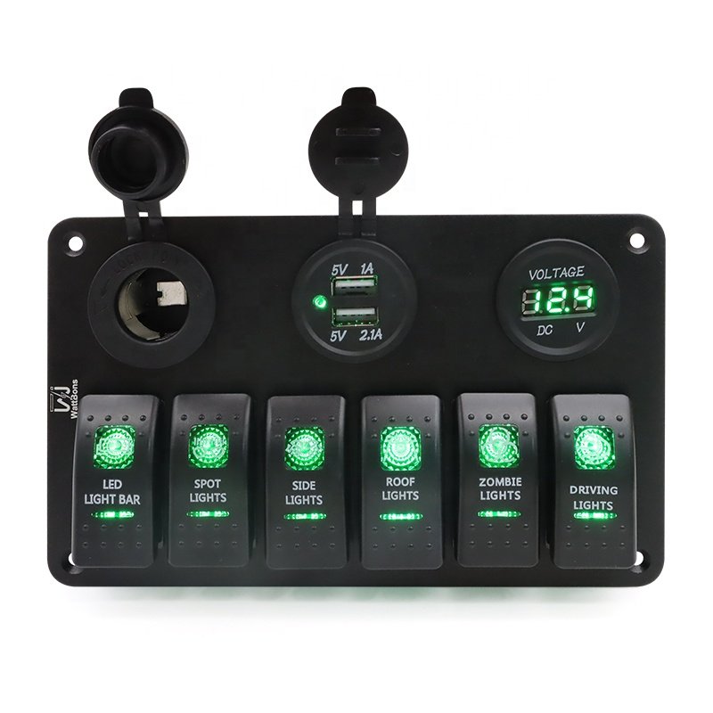 12V Waterproof Rocker Switch Panel 6 Gang with LED Voltmeter Dual USB Charger Cigarette Lighter Socket for Car RV Marine Boat