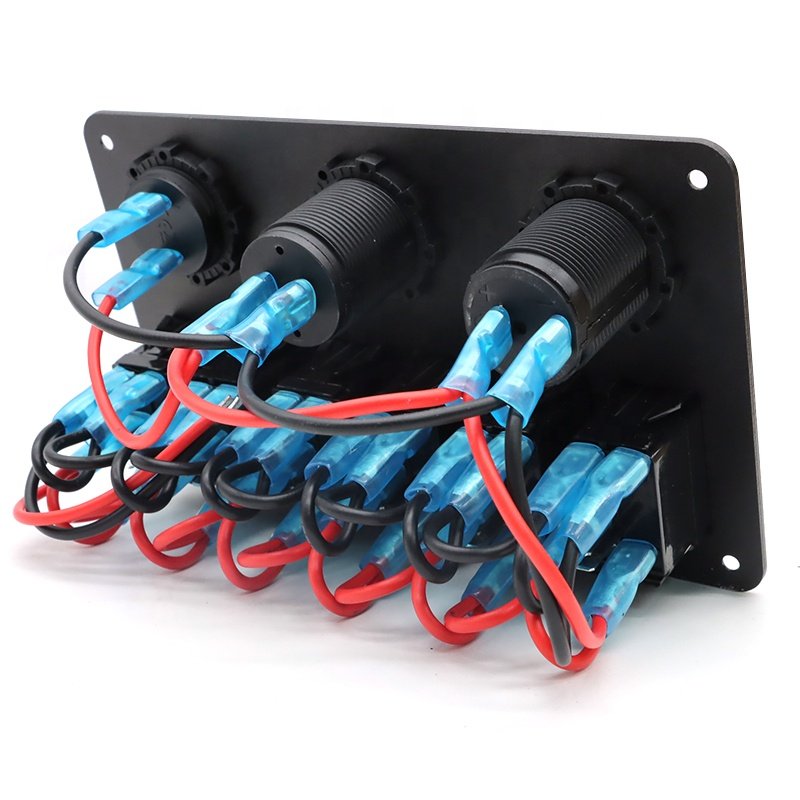 12V Waterproof Rocker Switch Panel 6 Gang with LED Voltmeter Dual USB Charger Cigarette Lighter Socket for Car RV Marine Boat