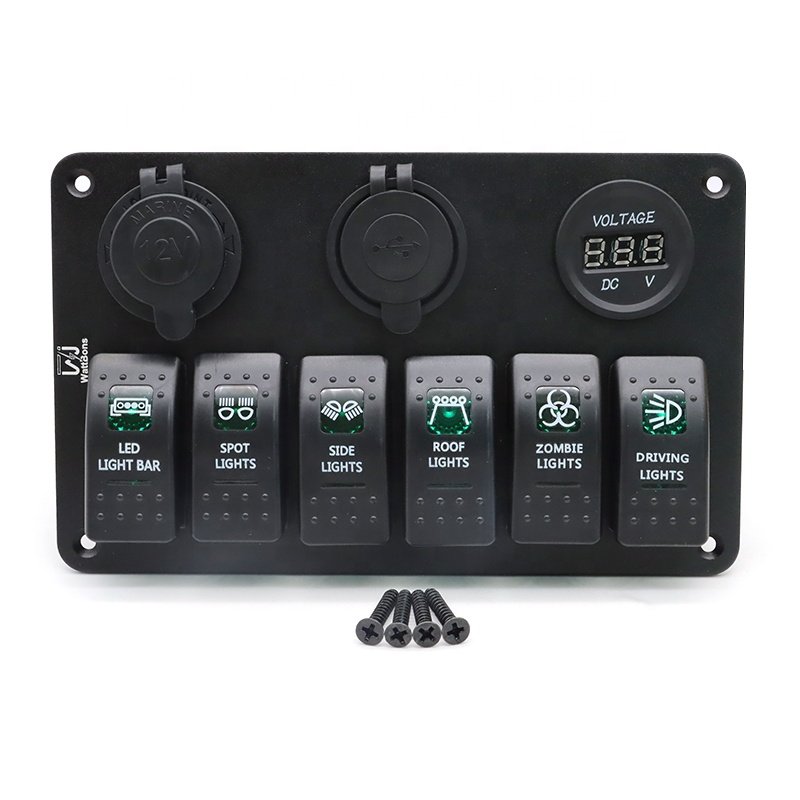 12V Waterproof Rocker Switch Panel 6 Gang with LED Voltmeter Dual USB Charger Cigarette Lighter Socket for Car RV Marine Boat