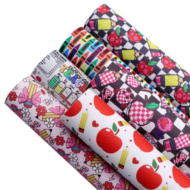 6Pcs/set Back to School Faux Leather Sheets Book Pen School Bus Printed Synthetic Leather Fabric for DIY Crafts Projects