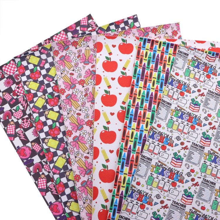 6Pcs/set Back to School Faux Leather Sheets Book Pen School Bus Printed Synthetic Leather Fabric for DIY Crafts Projects