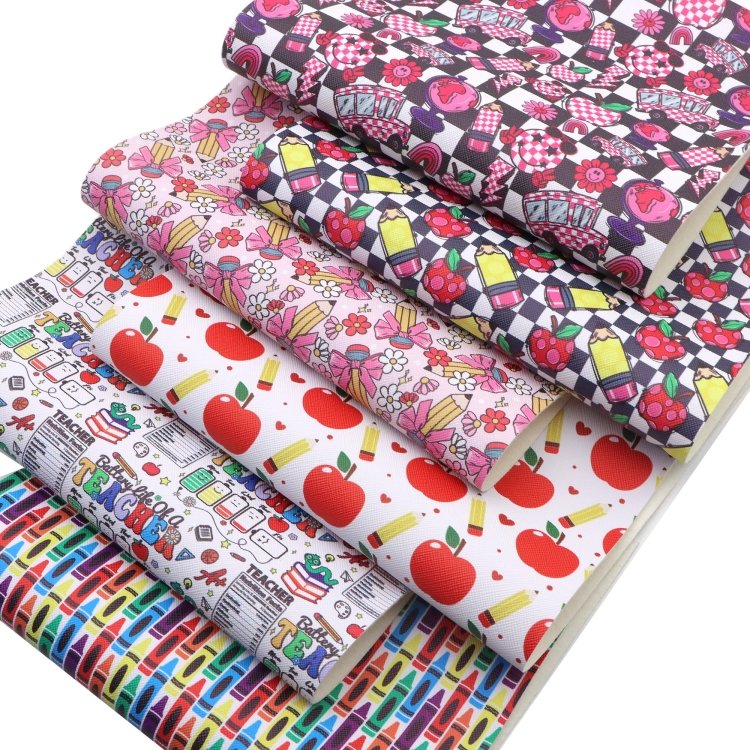 6Pcs/set Back to School Faux Leather Sheets Book Pen School Bus Printed Synthetic Leather Fabric for DIY Crafts Projects