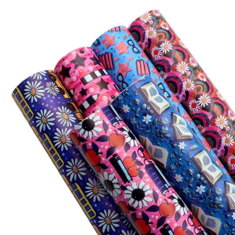 6Pcs/set Back to School Faux Leather Sheets Book Pen School Bus Printed Synthetic Leather Fabric for DIY Crafts Projects