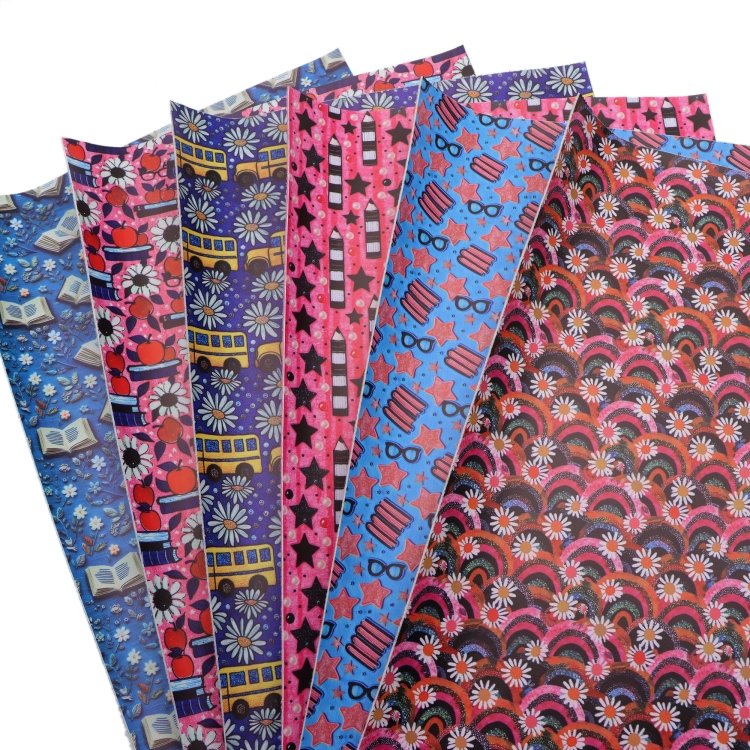 6Pcs/set Back to School Faux Leather Sheets Book Pen School Bus Printed Synthetic Leather Fabric for DIY Crafts Projects