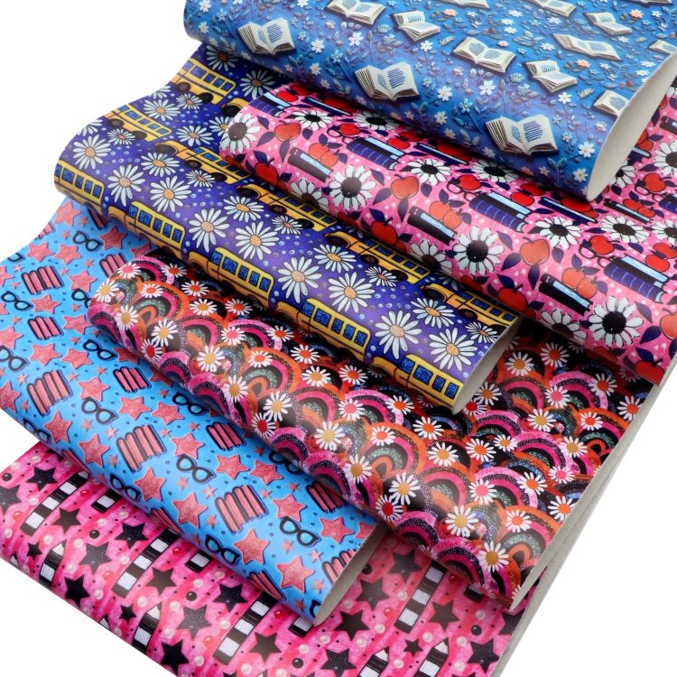 6Pcs/set Back to School Faux Leather Sheets Book Pen School Bus Printed Synthetic Leather Fabric for DIY Crafts Projects