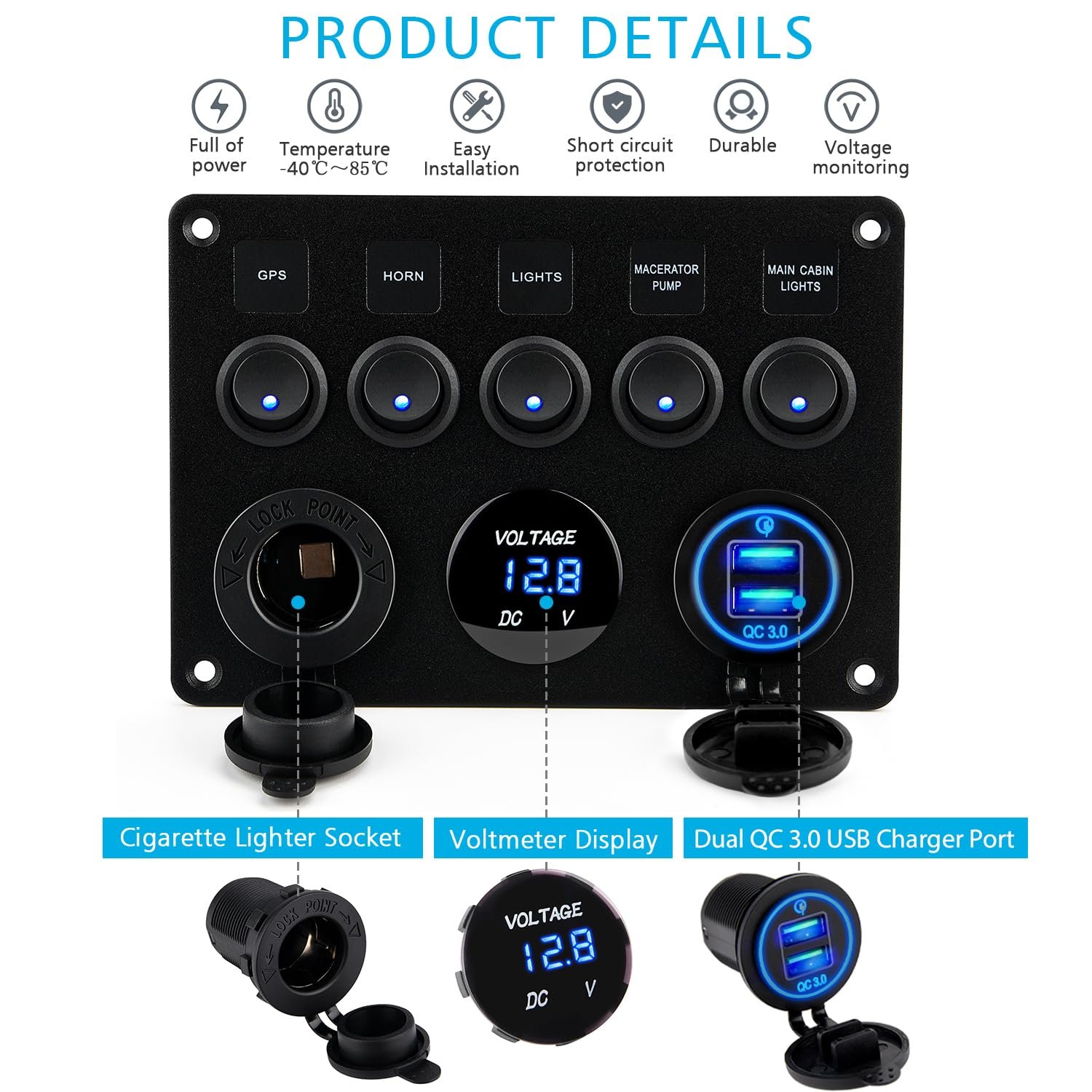 5 Gang 12V 24V Rocker Switch Panel Waterproof Digital Voltmeter Dual USB Charger Marine Boat Caravan RV Control Switch Panel