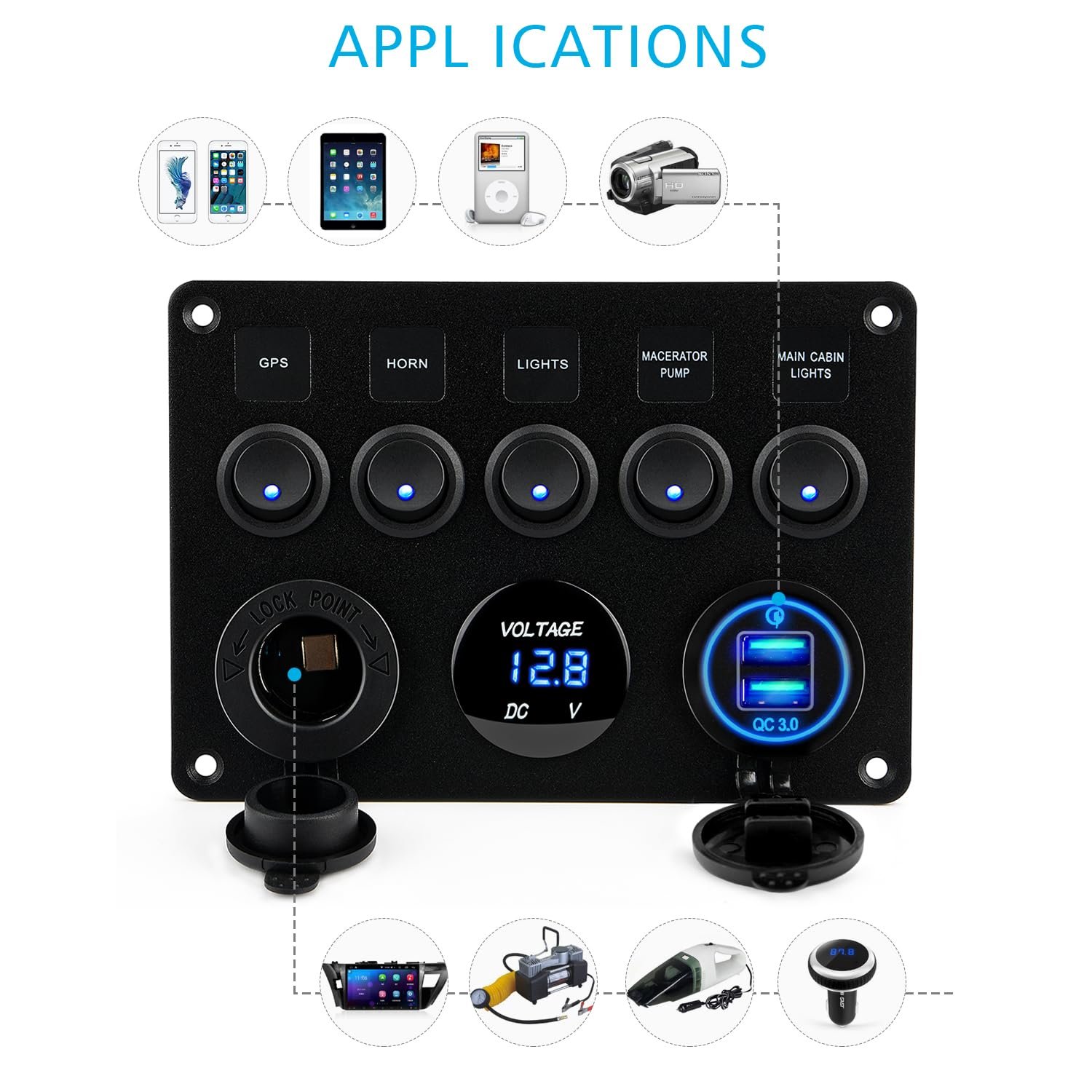 5 Gang 12V 24V Rocker Switch Panel Waterproof Digital Voltmeter Dual USB Charger Marine Boat Caravan RV Control Switch Panel