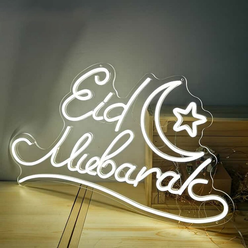 Eid Mubarak Neon Led Signs 3D Carved Neon Light Sign Eid Al Fitr Festival Room Decoration Wall Hanging Neon Signs Arabic Decor
