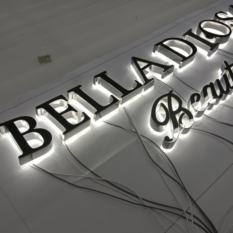 Custom halo Illuminated Signs Silver Metal Signage Interior Stainless Steel Business Led Backlit Signs