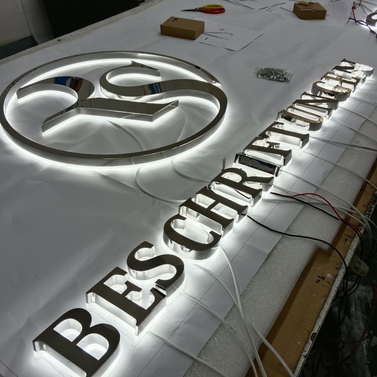 Custom halo Illuminated Signs Silver Metal Signage Interior Stainless Steel Business Led Backlit Signs