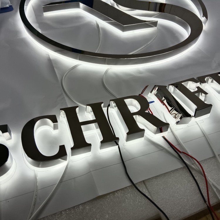 Custom halo Illuminated Signs Silver Metal Signage Interior Stainless Steel Business Led Backlit Signs