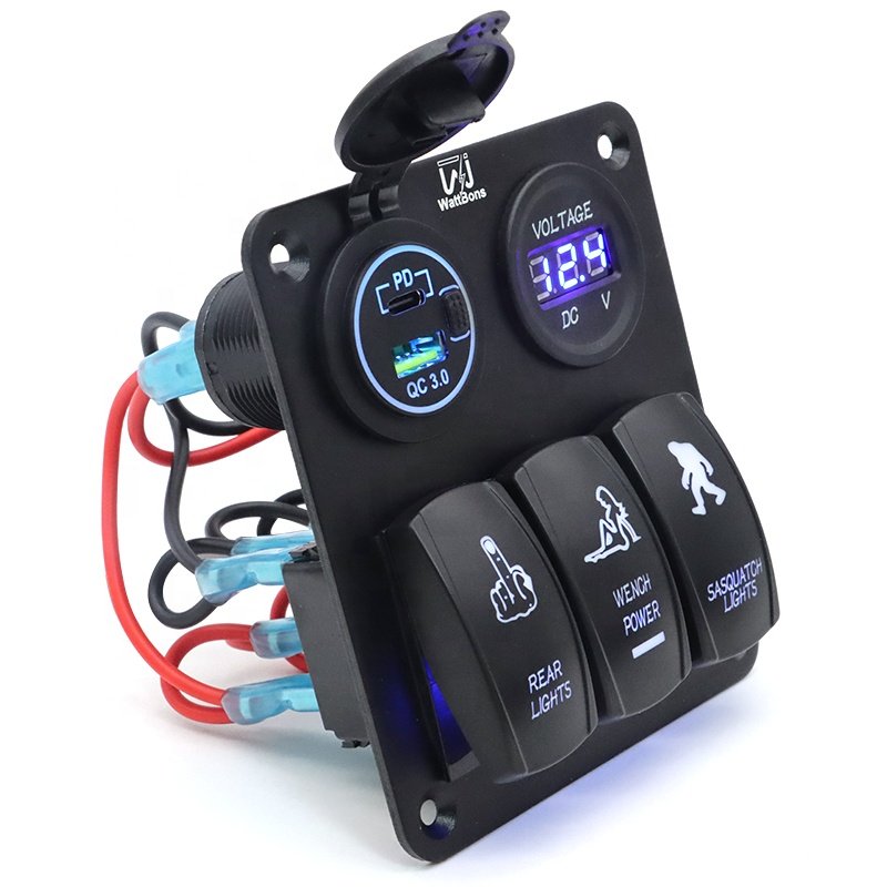 3 Gang 12V Rocker Switch Panel Waterproof Dual USB Car Charger Lighter Socket Boat Switch Panel Marine with LED Voltmeter